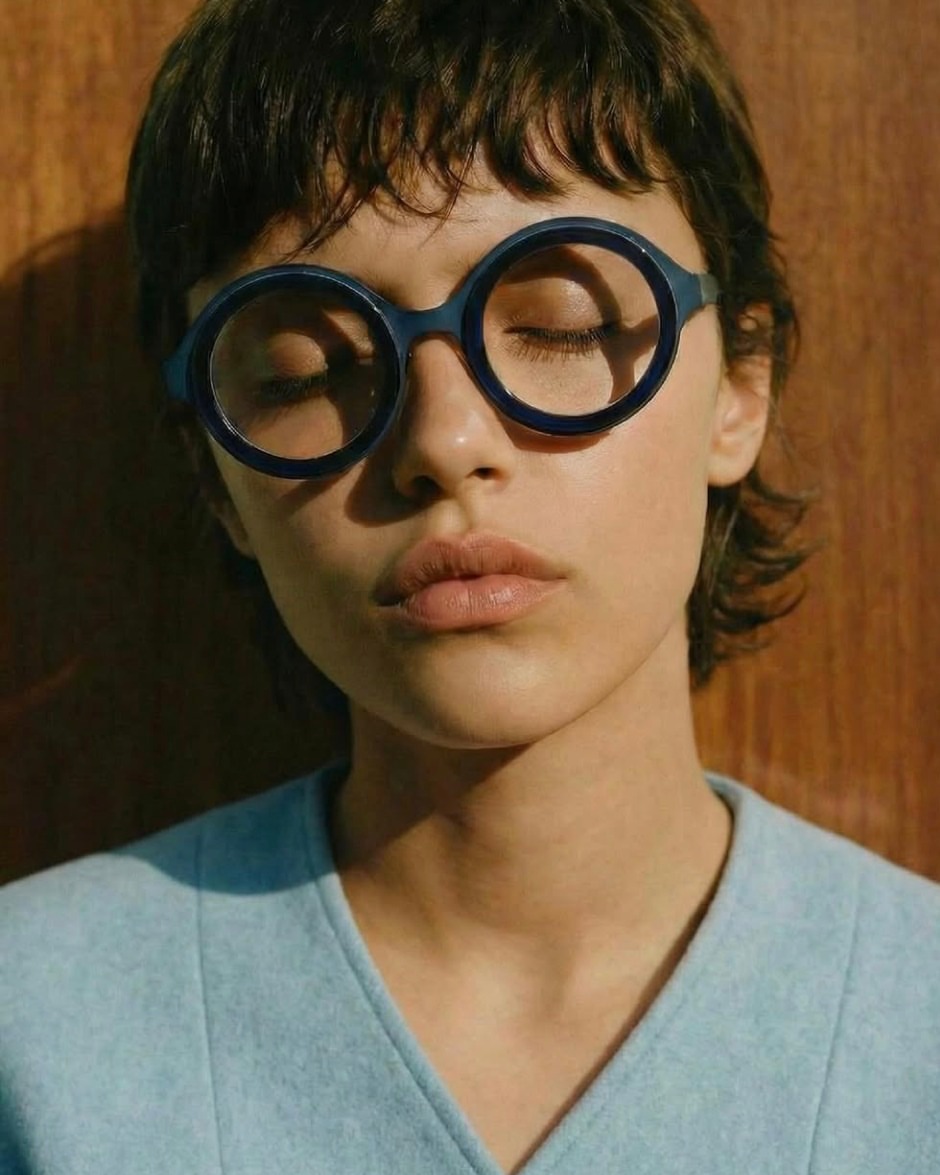 Portrait d'une femme portant les lunettes rondes bleues Castille de Shelter